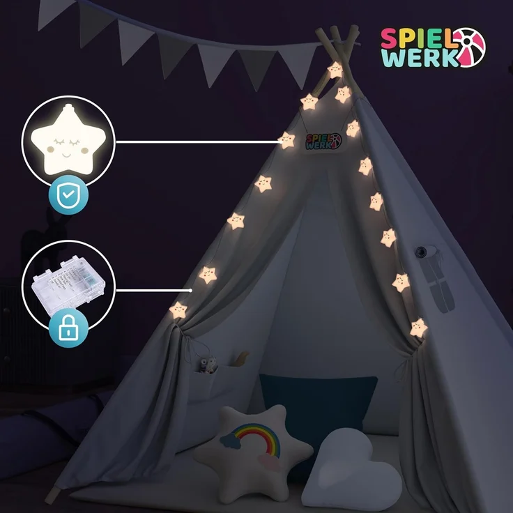 Spielwerk Kindertipi mit Lichterkette, Bodenmatte & Kissen, Baumwolle grau, 120 x 120 x 160 cm – Bild 7