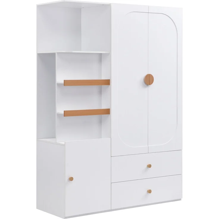 Merax Kleiderschrank mit Stauraum, Mehrzweckschrank in Weiß/Natur, Garderobenschrank mit Schubladen, Kleiderstange und offenen Regalfächern – Bild 10