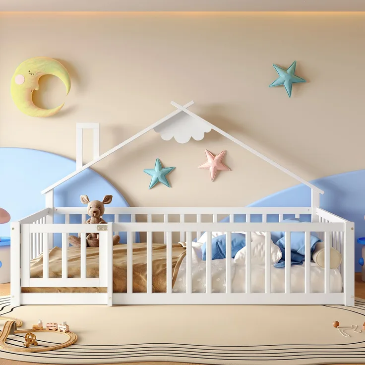 Kinderbett Flachbett mit Haus-Design & Geländer, 90x190 cm, ohne Matratze, Kiefer weiß