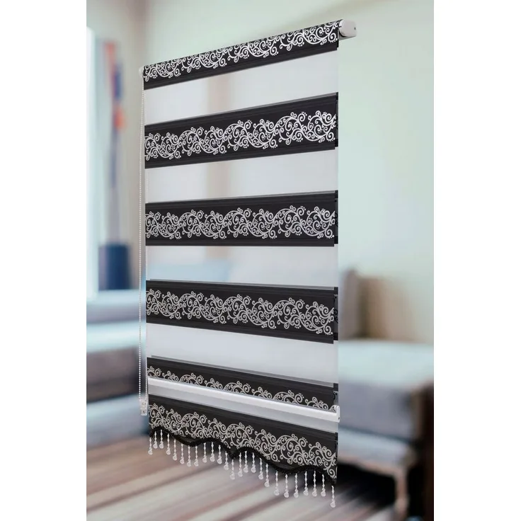 Doppelrollo Doppelrollo Klemmfix ohne Bohren schwarz Silber Rankenmuster Perlen, Plisseeonline, Klemmfix