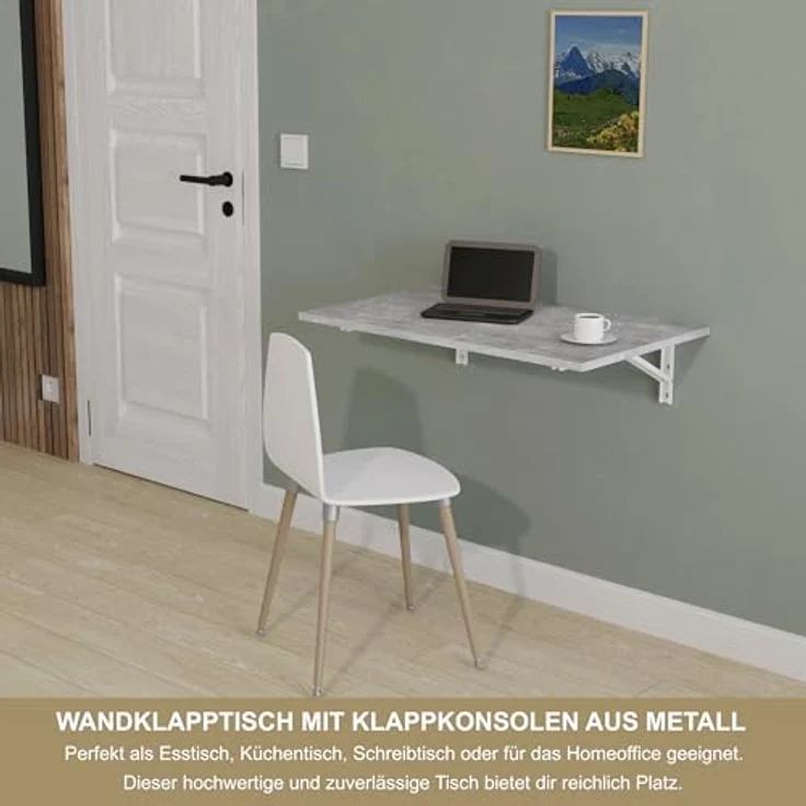 KDR Produktgestaltung Klapptisch 80x50 Wandklapptisch Esstisch Küchentisch Schreibtisch Wand Tisch, Beton – Bild 3