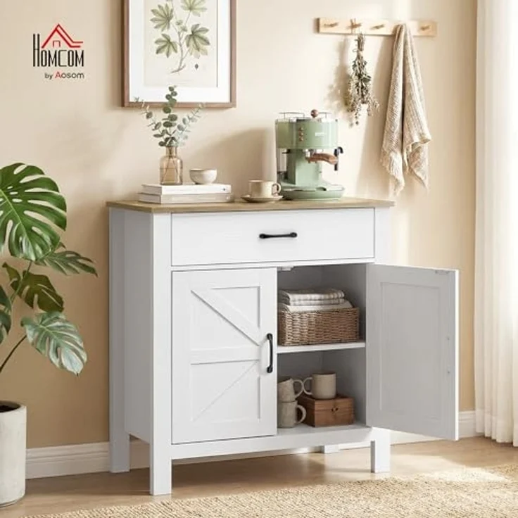 HOMCOM Sideboard Aufbewahrungsschrank Wohnzimmer (Beistellschrank, 1 St, 1), Landhausstil, große Schublade, höhenverstellbares Regal – Bild 2