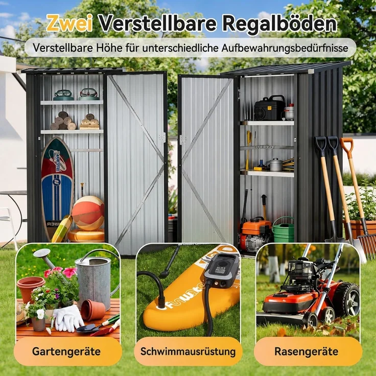 Aoxun Metall-Gerätehaus 88x61x164cm mit 2 verstellbaren Regalböden, Kleiner abschließbarer Werkzeugschrank für Garten, Terrasse & Hof, Schwarz – Bild 6