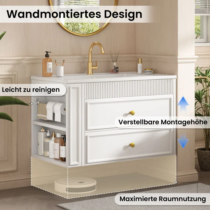 Waschtischunterschrank 81x47x52 cm, wandhängend, mit Keramikwaschbecken und 2 Schubladen, Weiß – Bild 7