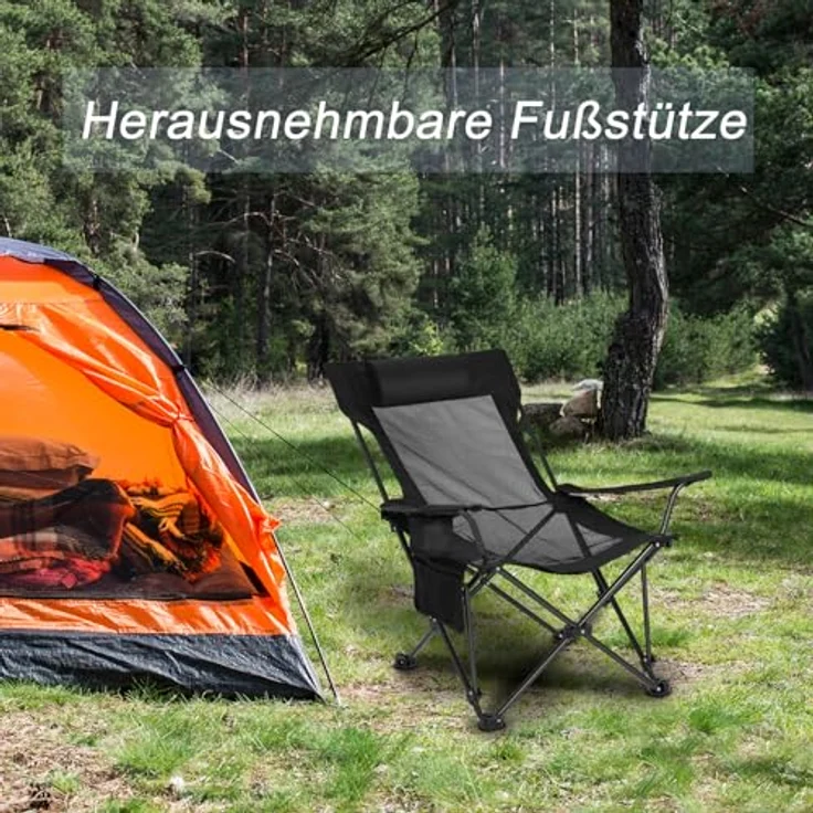 eSituro Campingstuhl klappbar, Angelstuhl faltbar, Klappstuhl mit Abnehmbarer Fußablage Getränkehalter Tragetasche, Strandstuhl mit Verstellbarer Rückenlehne, Campingliege Schwarz – Bild 5