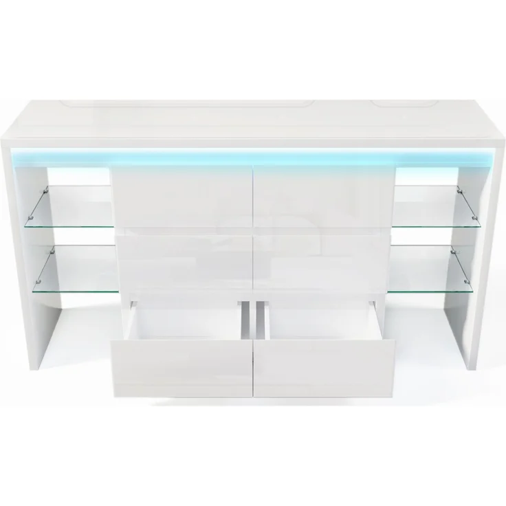 DESVIAE Sideboard Hochglanzweiß aus MDF/Spanplatte/Glas – 155x80x40 cm – 6 Schubladen, LED-Beleuchtung – Bild 8
