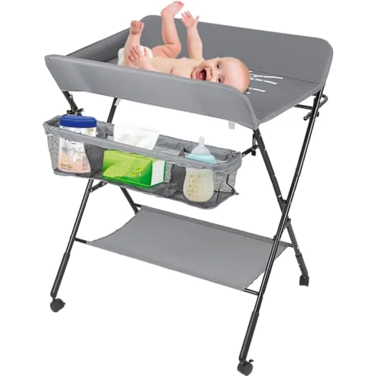 Baby Klappbarer Wickeltisch，Mobiler Wickeltisch mit Rollen und Wickelauflage,Wasserdicht und Höhenverstellbar，Baby Wickelkombi mit Ablagefächern-80 * 66 * 98cm grau