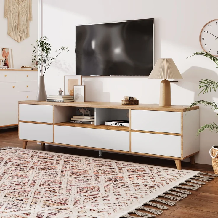 Modernes TV-Gerätemöbel - 175x37x51cm in Weiß & Holz mit praktischem Stauraum, 175 x 37 x 51 cm, Holzoptik+Weiß – Bild 2