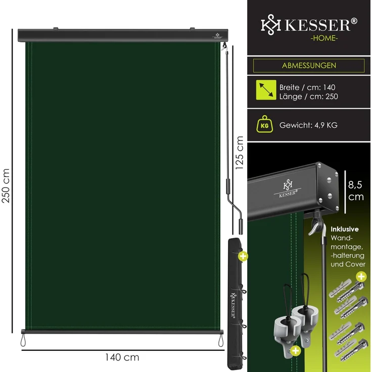 KESSER® Senkrechtmarkise Außenrollo Handkurbelmechanismus Balkonrollo Sonnen-und Sichtschutz, Beschattung Sonnenschutz Außen Rollo mit Kurbel Markisenkasten, Balkon und Terrasse 140x250 cm, Dunkelgrün – Bild 7