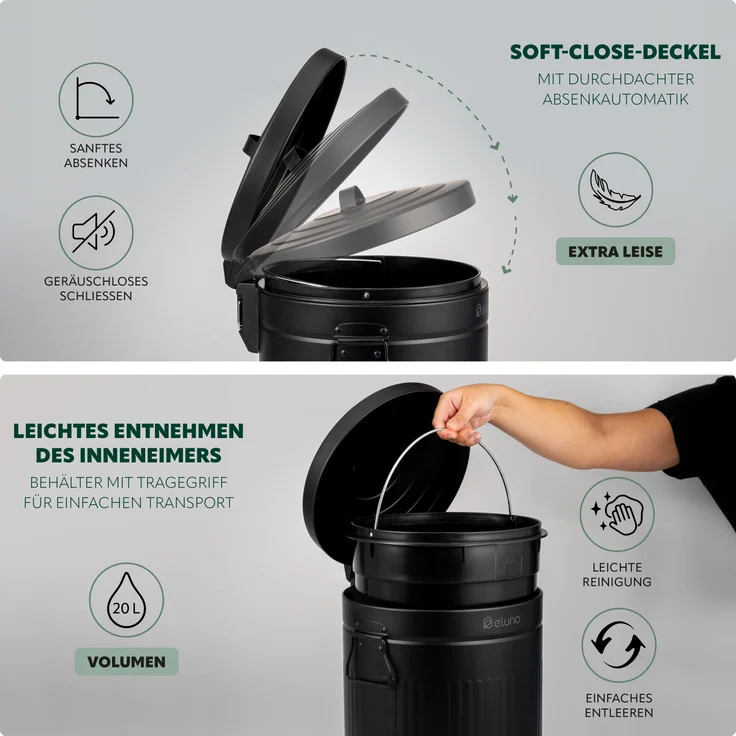 eluno Mülleimer 20 Liter Fassungsvermögen aus schwarzem Metall – Bild 3