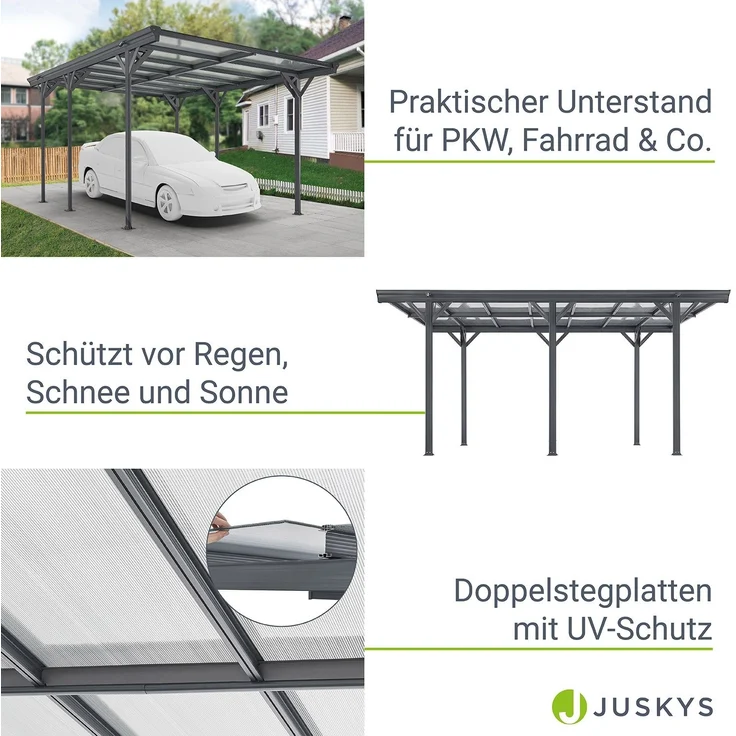 Juskys Carport mit Flachdach 5x3 m - Überdachung aus Aluminium mit Doppelstegplatten - Unterstand für Autos - freistehende Montage - Dunkelgrau – Bild 4