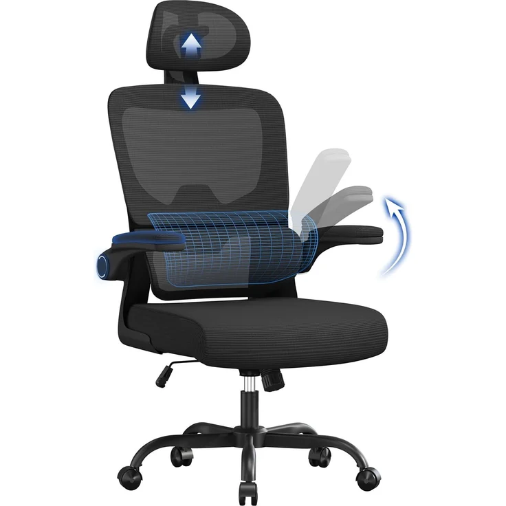 naspaluro Bürostuhl, Ergonomischer Schreibtischstuhl mit Verstellbarer Kopfstütze, Armlehnen, Dynamischer Lordosenstütze, Drehstuhl mit Atmungsaktivem Netzbezug für das Home Office, Schwarz
