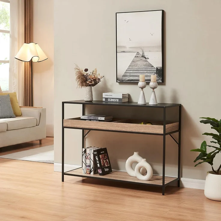 Konsolentisch Belana 110x40x80 cm Schwarz/Eicheoptik [en. casa] – Bild 1