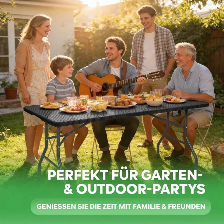 Eiryss Klapptisch 180cm Schwarz Rattan-Optik HDPE – Tragbarer Gartentisch mit 3 Sicherheitsverriegelungen, Camping & Picknick, 150kg – Bild 8