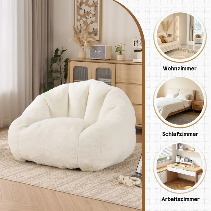 Sitzsack für Erwachsene, flauschiger Loungesessel aus Kunstfell, vakuumverpackt und montagefrei, für Wohnzimmer, Schlafzimmer, Balkon - Groß(Cremefarben)--Weiß--111x123x75cm--YOUDENOVA – Bild 4