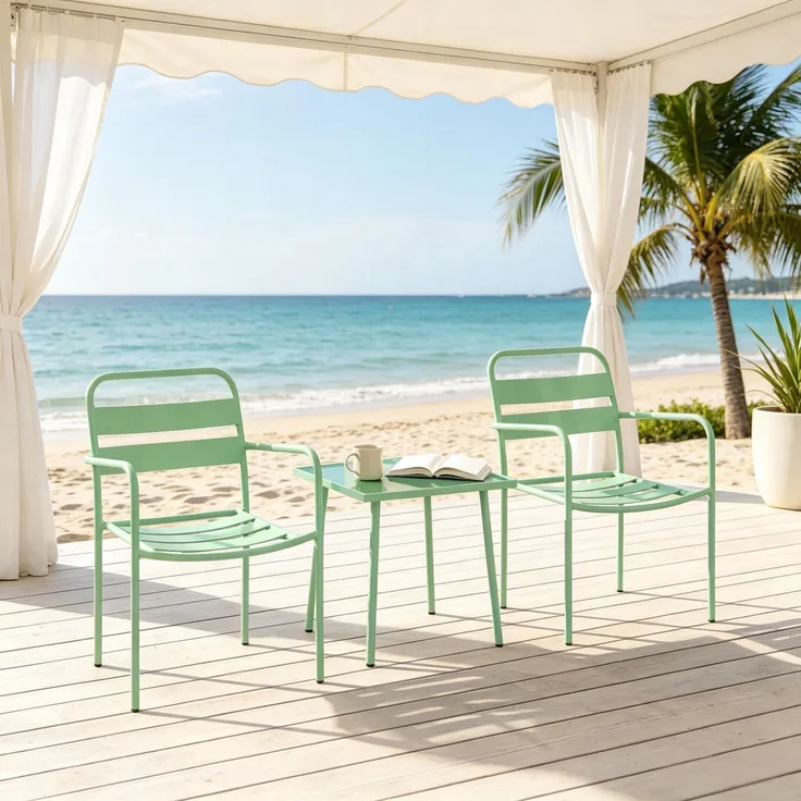 Garten-Bistro-Set mit Tisch H 50 x T 50 x B 50 cm, verzinktem Stahl und gehärtetem Glas, mit 2 Stühlen