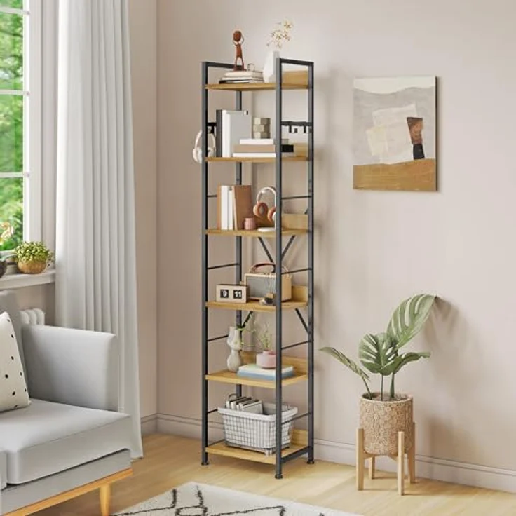 YITAHOME Bücherregal mit 6 Ebenen, Industrielles Standregal, Metallrahmen und Holzregale, Hohes Lagerregal mit 4 Haken, Präsentationsorganizer, für Wohnzimmer, Heimbüro, Eichenfarbe Regal – Bild 2