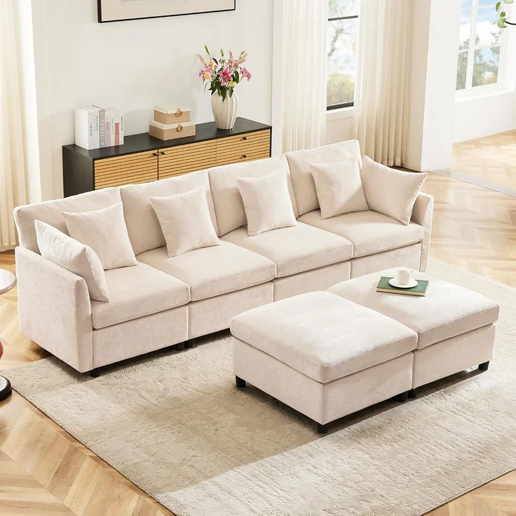 Ball & Cast U-förmiges Eckcouch mit Schlaffunktion, 4-Sitzer Sofa mit 2 Fußhocker für das Wohnzimmer Wohnung Villa, 278 x 81 x 161 (BxHxT), Beige – Bild 4