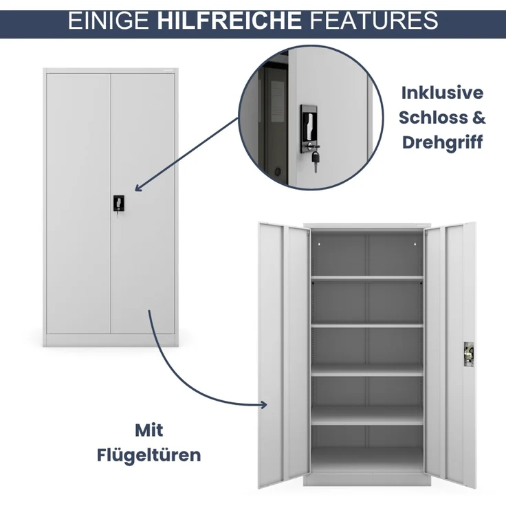 Aktenschrank abschließbar KADO - 5 Ebenen verstellbar, Flügeltüren | Metallschrank Werkstatt Mehrzweckschrank Büroschrank aus Stahl Werkzeugschrank, 185 x 90 x 60 cm Grau – Bild 5