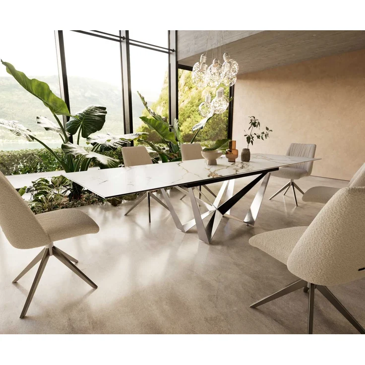 Esstisch Edge 200-300x100 Keramik Calacatta Luxe Weiß-Gold-Grau Spider Flachstahl Edelstahl ausziehbar – Bild 1