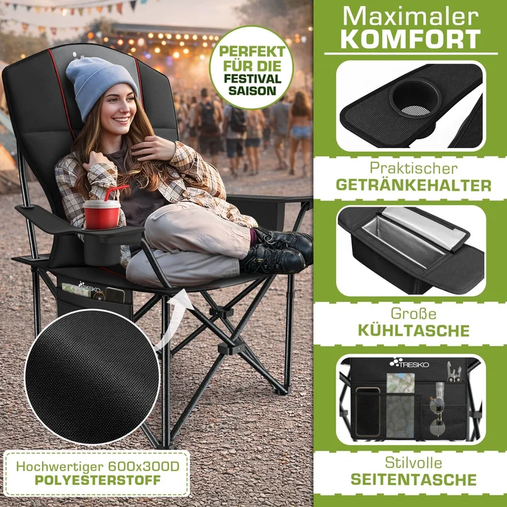 TRESKO® Campingstuhl Faltbar bis 200kg | Faltstuhl mit Kühltasche, Getränkehalter & Seitentasche | Klappstuhl XXL inkl. Tragetasche | Angelstuhl gepolstert für Outdoor, Angeln, Festival & Garten – Bild 5