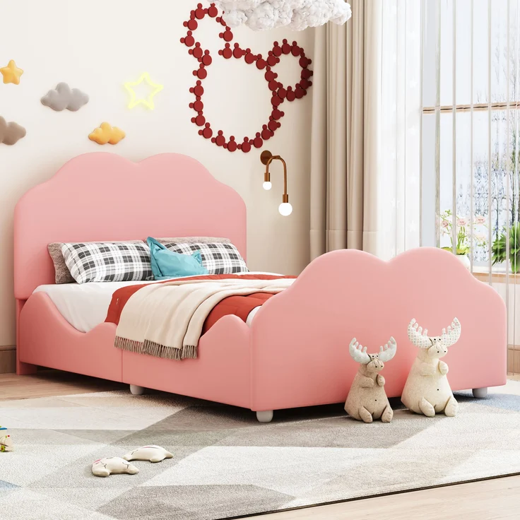 Polsterbett 90x200 cm Kinderbett aus Samt in Rosa mit Seitenschutz und wolkenförmigem Kopfteil – Bild 4