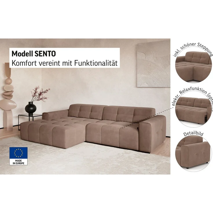 COTTA Ecksofa Sento L-Form, B: 280 cm, Chenille-Struktur, XXL Recamiere B: 133 cm, mit elektrische Sitztiefenverstellung, kubisch, bequemer Sitz – Bild 3