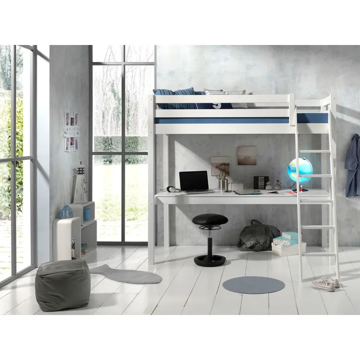 Vipack Hochbett 90x200 cm und großer Schreibtischplatte, Ausf. weiß lackiert
