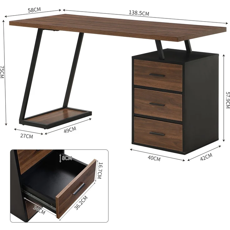 Schreibtisch 138,5 cm mit 3 Schubladen und verstellbarer Schrankposition – Bild 4