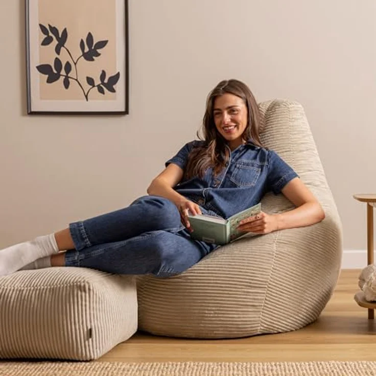 Icon Dalton XXL Sitzsack Cord mit Hocker, Beige, Gaming Sitzsack Erwachsene mit Füllung, Bean Bag, Cord Sessel, Lounge Sessel, Lounge Stuhl, Schlafzimmer, Wohnzimmer, Wohnzimmer Möbel – Bild 3