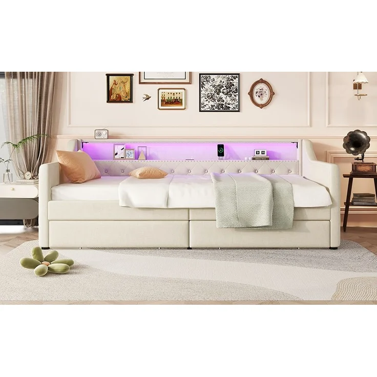 Bett 90x200 cm aus Leinen mit LED-Ambiente und Stauraum – Bild 4