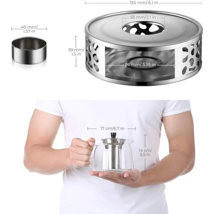 Teekanne 1000ml Stövchen Glas Edelstahl Teewärmer Type6 Silber – Bild 3