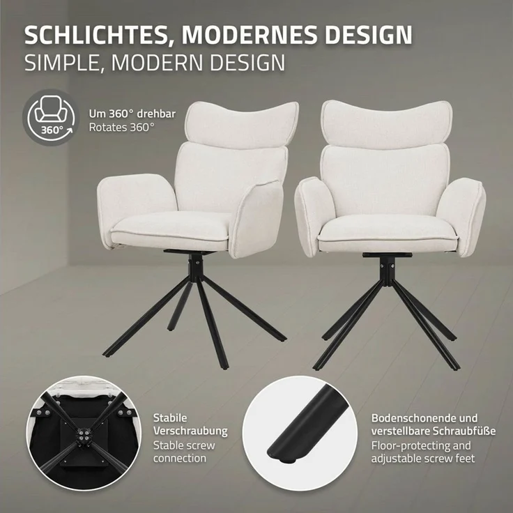 ML-DESIGN Polsterstuhl Drehstuhl mit Armlehne & Rückenlehne Ergonomische mit Metallbeine (6 St), Armlehnstuhl 6er Set Beige aus Polyester 360° Drehbar Sessel bis 120kg – Bild 3