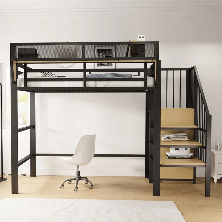Hochbett 90x200 cm, Schwarz, Metall, mit Leiter & verstellbarem Regal(ohne Matratze)