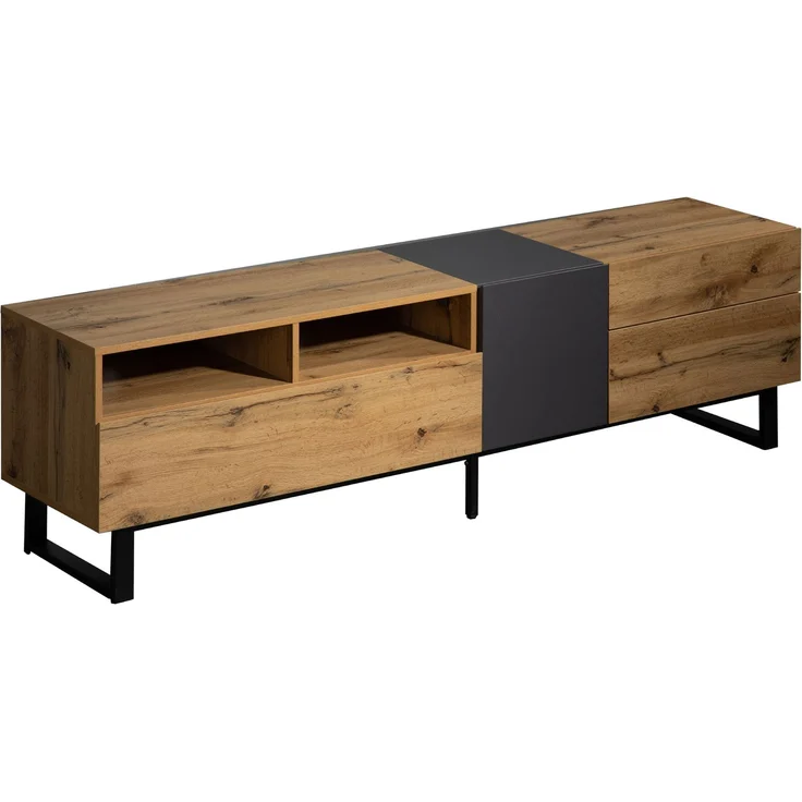 TV-Schrank 180 cm Eiche und Anthrazit, modernes Lowboard mit Flügeltür, Schubladen und offenen Fächern – Bild 7