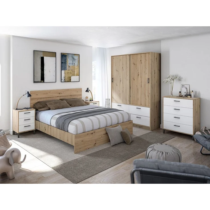 Schlafzimmer-Set >ENZO< (6-teilig) Nodi Eiche / Artik Weiß, Bett, Nachtkonsolen, Kommode, Schrank – Bild 1