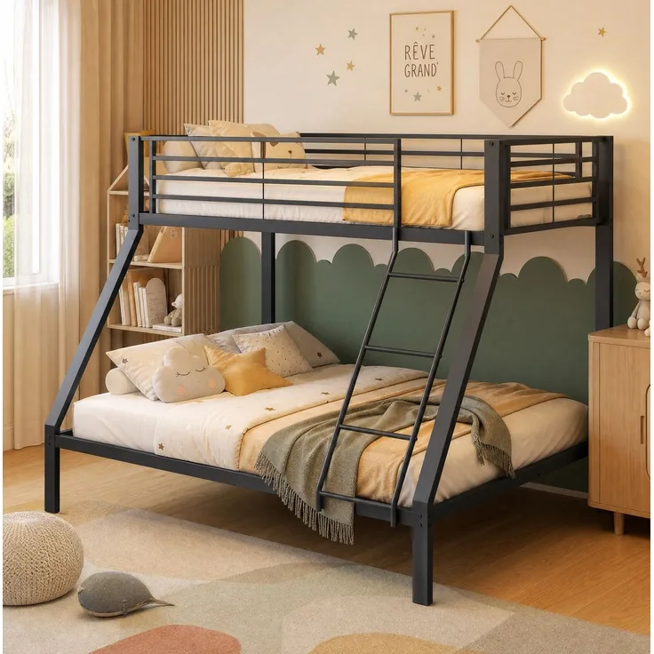 Etagenbett 90/140x200 cm aus Metall in Schwarz mit flexibel montierbarer Leiter – Ohne Matratze