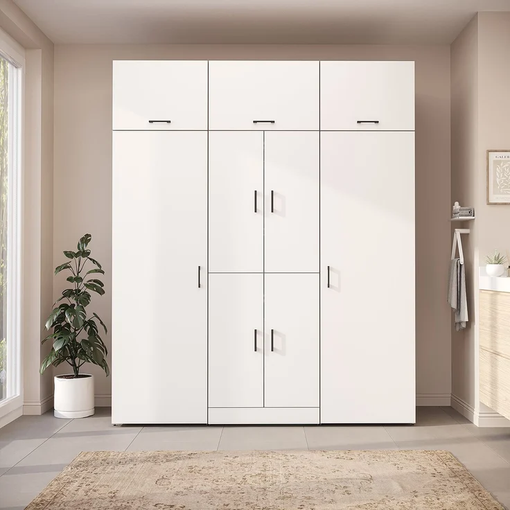 Roomart Waschmaschinenschrank - DORA-I- 190 cm breit - Wasch- & Trocknerschrank mit 2 Hochschränken, Türen & Ausziehbrett, Waschmaschinen-Überbau für Waschküche & Hauswirtschaftsraum • Weiß-Eiche – Bild 2