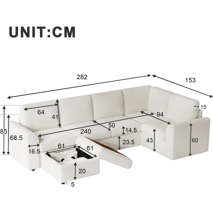 Ecksofa 282x153x85 cm aus Cord in Beige mit Schlaffunktion und Stauraumhocker – Bild 5