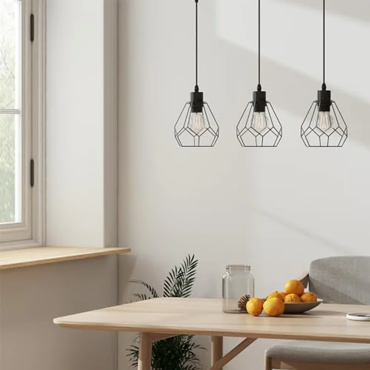 EMKE Pendellampe Pendelleuchte 3 flammig Hängelampe, Vintage Hängeleuchte Esszimmer Esstisch Lampenschirm Licht, E27 Lampe Hängend Küche Wohnzimmer Pendellampen Schwarz – Bild 6
