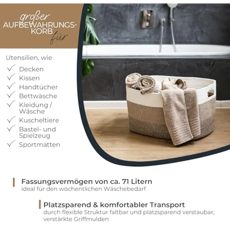 HMF Aufbewahrungskorb XXL Wäschekorb aus Baumwolle, 71 Liter, eckiger Aufbewahrungskorb mit Griffmulden, 55 x 43 x 30 cm, Weiß-Braun – Bild 3