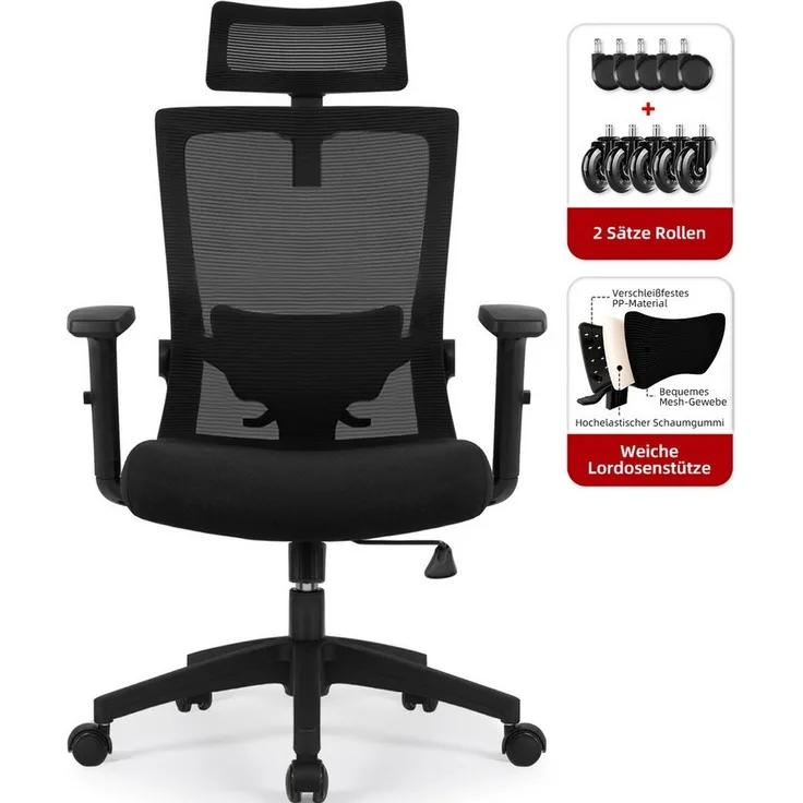 Hiazurm Bürostuhl Bürostuhl ergonomisch, Chefsessel, Atmungsaktiv Mesh Schreibtischstuhl (5D Memory-Schaum Lendenstütze, Wippfunktion bis 135°, Bis 155kg Belastbar, Verstellbarer Lendenwirbelstütze), Höhenverstellbarer Drehstuhl, Zwei Radsätze, Schwarz
