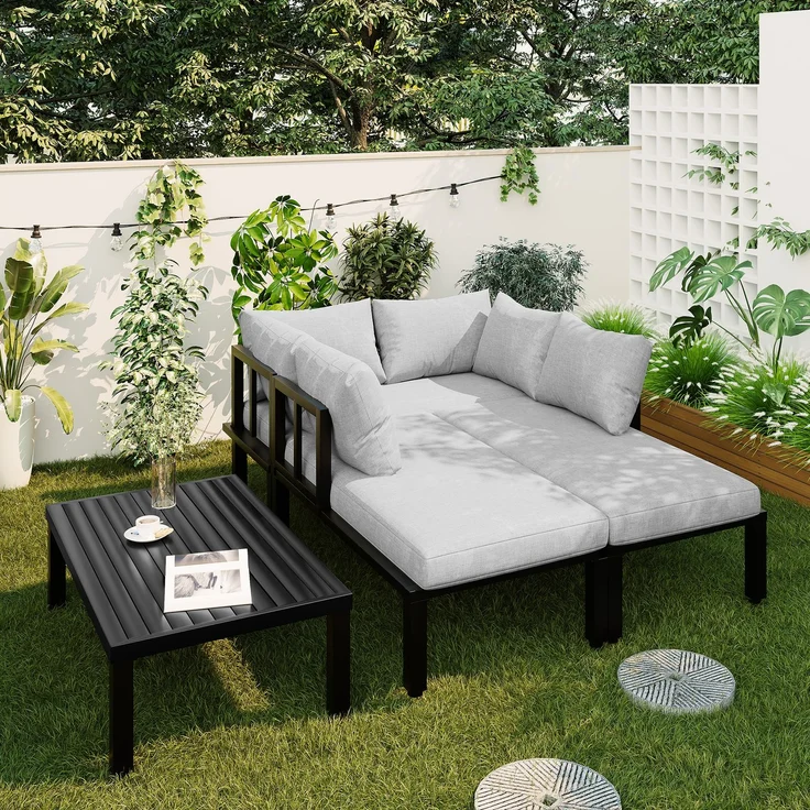 Merax 6-Sitzer Gartenmöbel-Set, Garten-Loungesessel-Set mit verzinktem Eisenrahmen, verstellbare Beine, abnehmbare Rückenlehne, grau – Bild 2