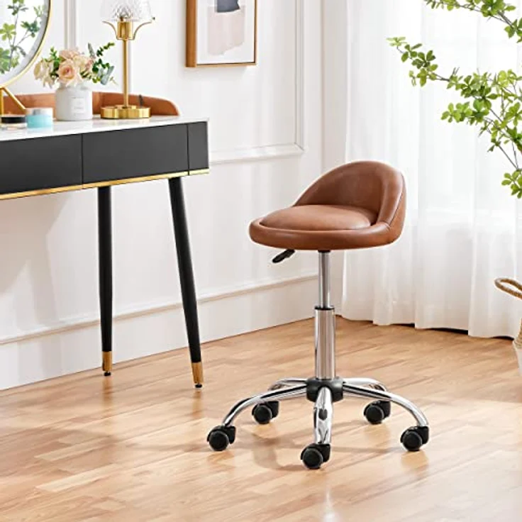 Yaheetech Rollhocker Bürohocker mit Rollen, Drehhocker mit niedriger Rückenlehne, Arbeitshocker Höhenverstellbar, Sitzhöhe 46,5-61 cm Braun – Bild 2