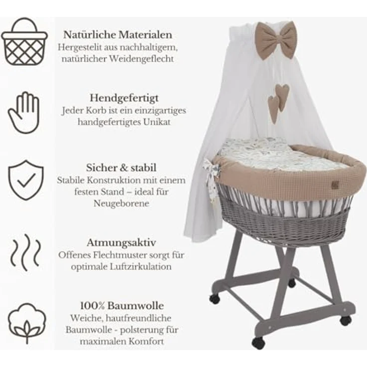 WIKLINOPOL Stubenwagen Lena aus Weide – Babywiege mit Rollen, Matratze, Baldachin & Bettwäsche aus Waffelstoff mit Häschen, handgefertigt, grau Moseskorb – Bild 3