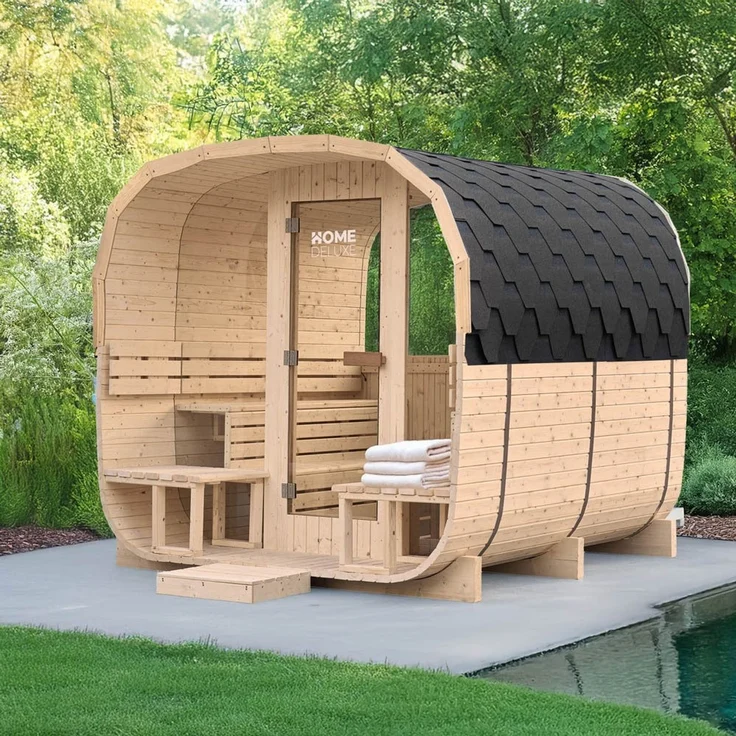 XXL Luxus Outdoor Fasssauna 260x230 cm SET Sauna inkl. 10,5 KW Saunaofen 6 Pers. – Bild 1