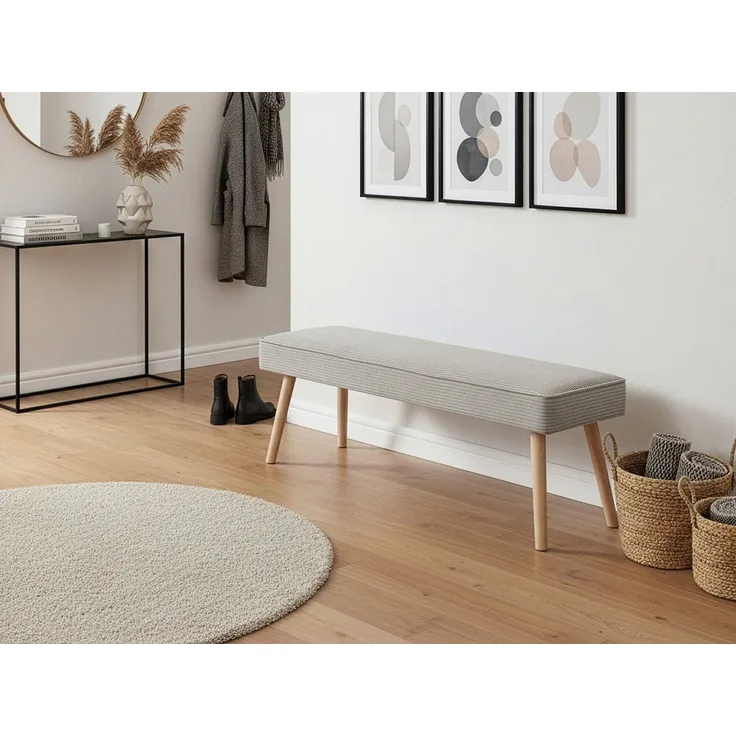 B&D home Sitzbank EMIL | Kord Stoff 140cm gepolstert Holzbank für Esszimmer, Flur, Garderobe Massivholzbeinen | skandinavisch modern, Grau