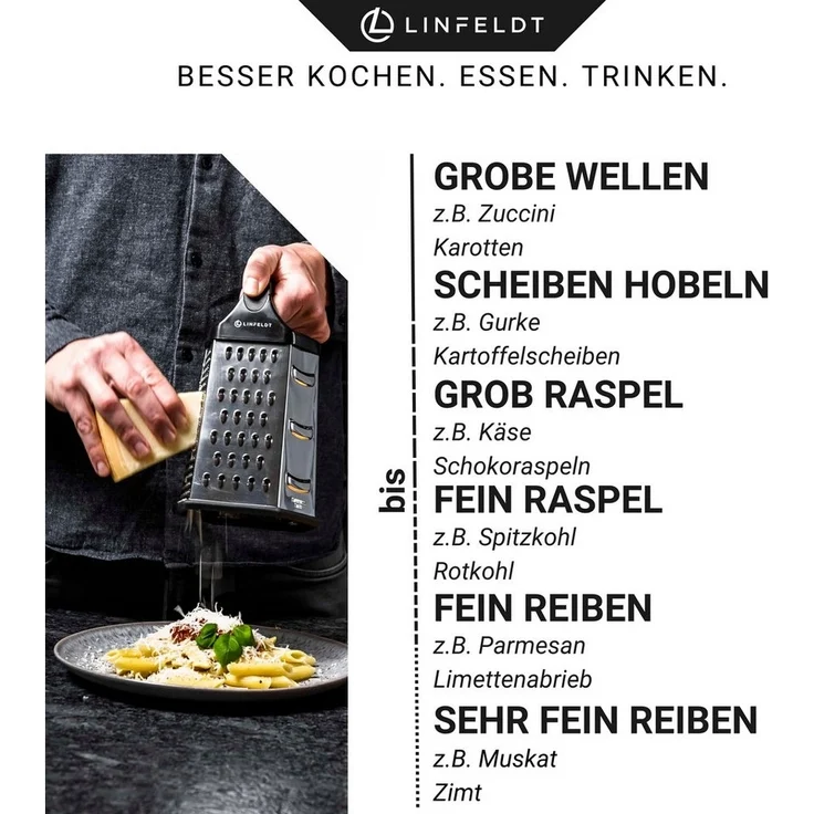 LINFELDT Gemüsehobel 6 - Kant Reibe mit smartem Auffangbehälter Edelstahl, Edelstahl – Bild 3