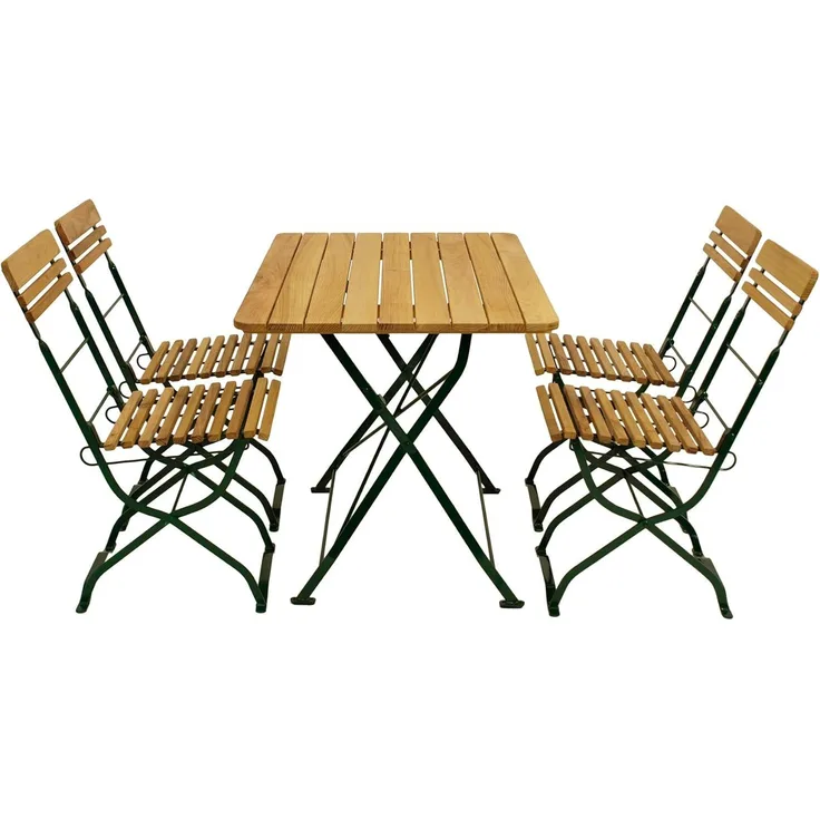 Biergarten - Garnitur MÜNCHEN 5-teilig (4x Stuhl, 1x Tisch 70x110 cm), Flachstahl grün + Robinie