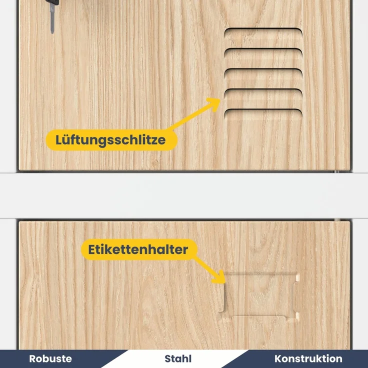 Schließfachschrank Spind BERN - 12 Fächer, Etikettenhalter Lüftungsschlitze | Wertfachschrank Umkleideschrank Metall Kleiderspind, 185x90x40cm Weiß-Sonoma Eiche – Bild 4